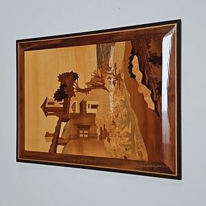 VINTAGE SORRENTO ITALY MARQUETRY INLAID WOOD WALL PLAQUE COASTAL HOME 11.5"x15"